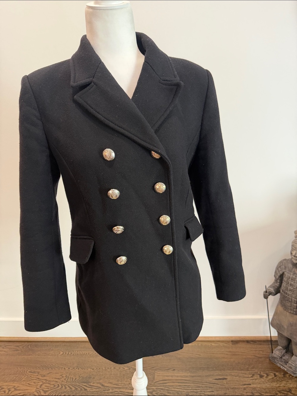 Zara Black Double-Breasted Peacoat with Decorative Gold Buttons